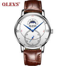 OLEVS 5874 Moon Phase Quartz Watches For Men Business Style Leather Strap Sub-dial Male Clock Waterproof Man's Wristwatches Gift